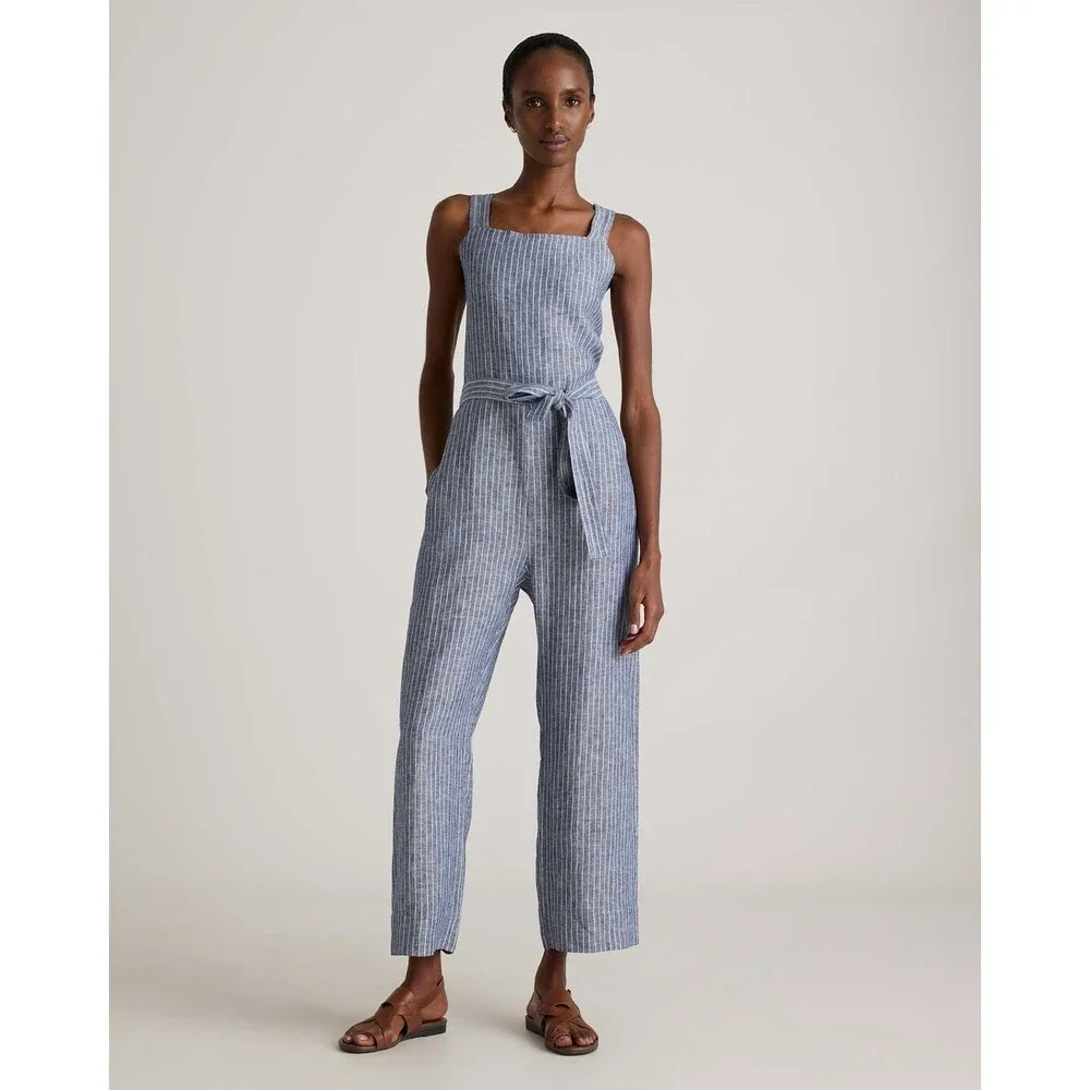NWT Quince 100% European Linen Square Neck Jumpsuit Sz S Blue Chambray Stripe